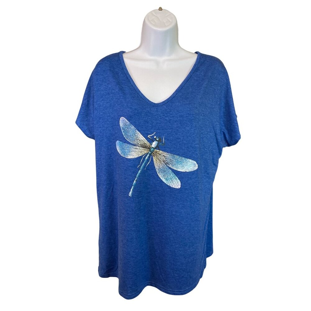 Womens Graphic T-Shirt L Blue Dragonfly V-Neck Short Sleeve Beach Y2K